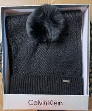 Image of Calvin Klein Scarf And Toque Beanie Winter Hat High End Black Pom Pom