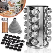 Image of Stainless Steel 20 Jar Revolving Spice Rack Stand Carousel Rotating Glass Jars