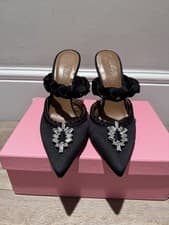Image of Handmade Italian Black Satin Mule Heels – Crystal Detail – Unworn