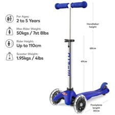 Image of Mini Micro Scooter 3-Wheel LED Lightweight Adjustable Handlebar 20KG Max Blue UK
