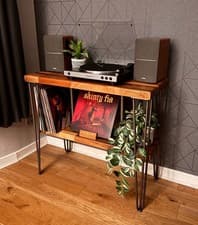 Image of Solid Walnut Wood Record Player Table With Display Shelf For Vinyl Records