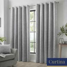 Image of Curtains Pair Kendal Geometric Jacquard Woven Eyelet Curtina Silver