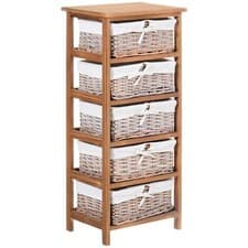Image of 5 Drawer Dresser Wicker Basket Storage Shelf Unit Wooden Frame Home Organization