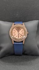 Image of Oasis ladies Watch rose gold Face And blue Leather Strap, needs new battery