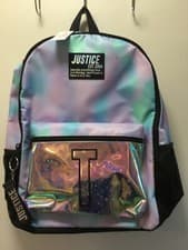 Image of Justice Girls 17" Backpack Pastel blue pink tye dye Iridescent Initial T Stars