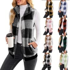 Image of Ladies Body Warmer Gilet CHECK Zip Up Jacket Coat Fleece Fur Waistcoat Plus Size