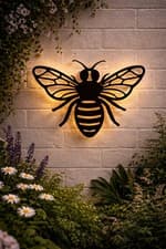 Image of Solar Metal Bee Wall Light Warm White Garden Outdoor Decor Outdoor