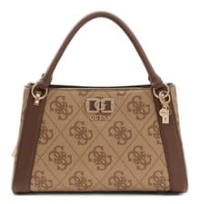 Image of GUESS Karnilla Logo Girlfriend Satchel Latte Logo / Brown