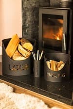 Image of Fireside Accessory Storage Set 3pc Kindling Log Matchstick Holder Black Metal