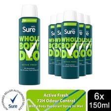 Image of Sure Men Whole Body Deodorant Spray Active Fresh w/ 72H Odour Control 150ml, 6pk