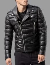 Image of Mens PUFFER Leather Jacket Slim Fit Stylish Biker Handmade