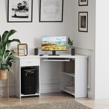 Image of L-Shaped Corner Computer Desk w/ 2 Shelves Wide Worktop Keyboard Tray Grey