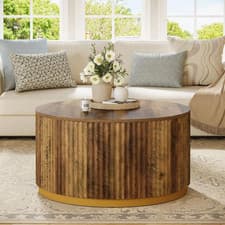 Image of Round Coffee Table – Fluted Wood Base for Living Room & Office