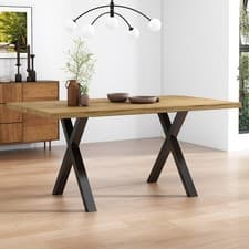 Image of 4 Seater Dining Table with X Legs, Industrial Style Rectangle Kitchen Table, Oak
