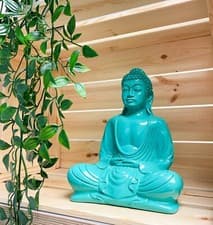 Image of Buddha Ornament Meditating Sitting Figure Statue Figurine Turquoise Gloss