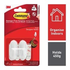 Image of Command Medium Designer Hook, Pack of 2 Hooks and 2 Adhesive Strips, White In Uk