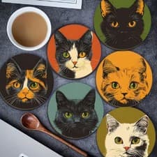 Image of Cat Face Wooden Coasters Set of 6 Retro Style Drink Mats