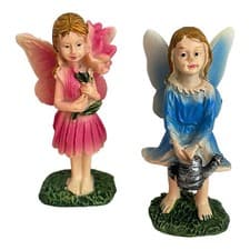 Image of Set of 2 Miniature Garden Flower Pot Fairies Pink and Blue Figurines 3in