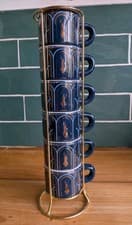 Image of Bialetti Deco Glamour Blue Porcelain Espresso Cups Stackable Set Of 6