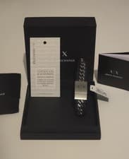 Image of Armani Exchange Leather and Stainless Steel Bracelet Men's
