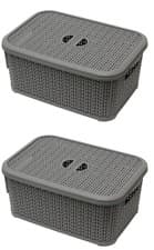 Image of 2 x 6L Loop Effect Grey Rectangle Plastic Storage Basket With Lid 28x 20 x 12cm