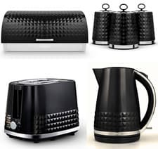 Image of Tower Solitaire Kettle 2 Slice Toaster Bread Bin & Canisters Set Black & Chrome