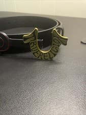 Image of True Religion Men's Stitched Leather Belt Size 40 Black Gold Horseshoe Buckle
