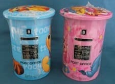 Image of DISNEY WINNIE THE POOH TWO POST PILLAR TIN MONEY BOX BLUE & PINK MINT SEALED