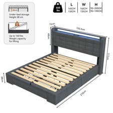 Image of NEW OTTOMAN STORAGE UPHOLSTERED BED FRAME WITH SOCKET & LED LIGHT & DRAWER 3-5FT