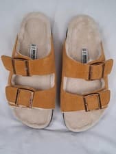 Image of Birkenstock Shearling Tan Arizona Suede Slides Shearling Fur Lined Size 4 to 4.5