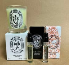Image of Diptyque 35g Tubereuse Candle + 2ml Eau Rose EDP & Rose Roche EDP Drawstring Bag