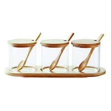 Image of Set of 3 clear Glass jars with Natural Bamboo lid Spoon Spice Tea Coffee Sugar