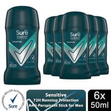 Image of Sure Men AntiPerspirant Deodorant Stick Sensitive 72H Nonstop Protection, 6x50ml