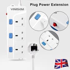 Image of 4 Way 2m Extension Lead 13A UK Plug Socket Power Strip w/ Master Switch White UK