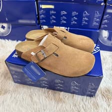 Image of Birkenstock Boston Unisex Taupe Suede Leather Soft Footbed Narrow Size 35-46 NEW