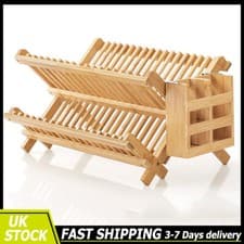 Image of 2-Tier Bamboo Drainer Rack Folding Dish Drying Rack W/ Utensils Holder Kitchen