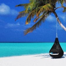 Image of Tropical Beach Photo Mural – Palm Tree, Ocean View & Hanging Chair Scene