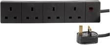 Image of PRO ELEC 4-Gang Mains Extension Lead, 1m Black, 13A UK Plug
