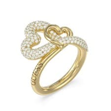 Image of Guess Ladies Heart Pavé Gold-Tone Crystal Stainless Steel Ring JUBR06055JWYG