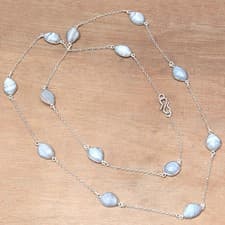 Image of Necklace Blue Lace Agate Feceted Gemstone Handmade Jewelry 36''
