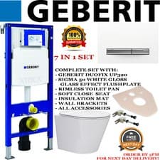Image of Geberit Duofix wall hung toilet frame rimless pan, seat, flushplate FULL SET.