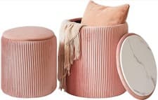 Image of One Pink round Ottoman with Storage, Velvet Vanity Stool for Makeup, Modern Padd