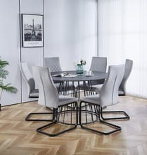 Image of Dining Table Set, Large Grey Round Table (120cm) with 6 High Back Fabric Chairs
