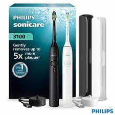 Image of Philips Sonicare 3100 Duo Electric Toothbrush Pack Black White Sonic Cleaning UK