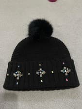 Image of Accessorize Black Beanie Hat Furry Pompom with Gems Crystals Flower Detail