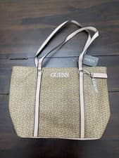 Image of GENUINE GUESS LOGO TOTE BAG, METAL LETTER EMBLEM, BNWT, PINK & BEIGE