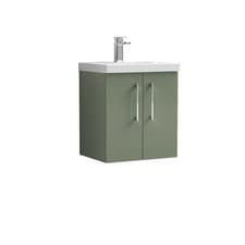 Image of Nuie Arno Satin Green 500mm Wall Hung 2 Door Vanity Unit and Thin Edge Ceramic B