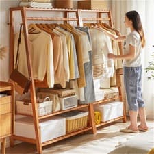 Image of Bamboo Clothes Hanging Garment Rack Heavy Duty Laundry Rack Cloest Storage Shelf
