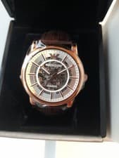Image of EMPORIO ARMANI Skeleton Men's Watch Automatic , Rose Gold,Brown Leather Band