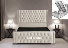 Image of Plush Velvet Wingback Chesterfield Storage Bed, Ottoman Gaslift Bed, Storage Bed